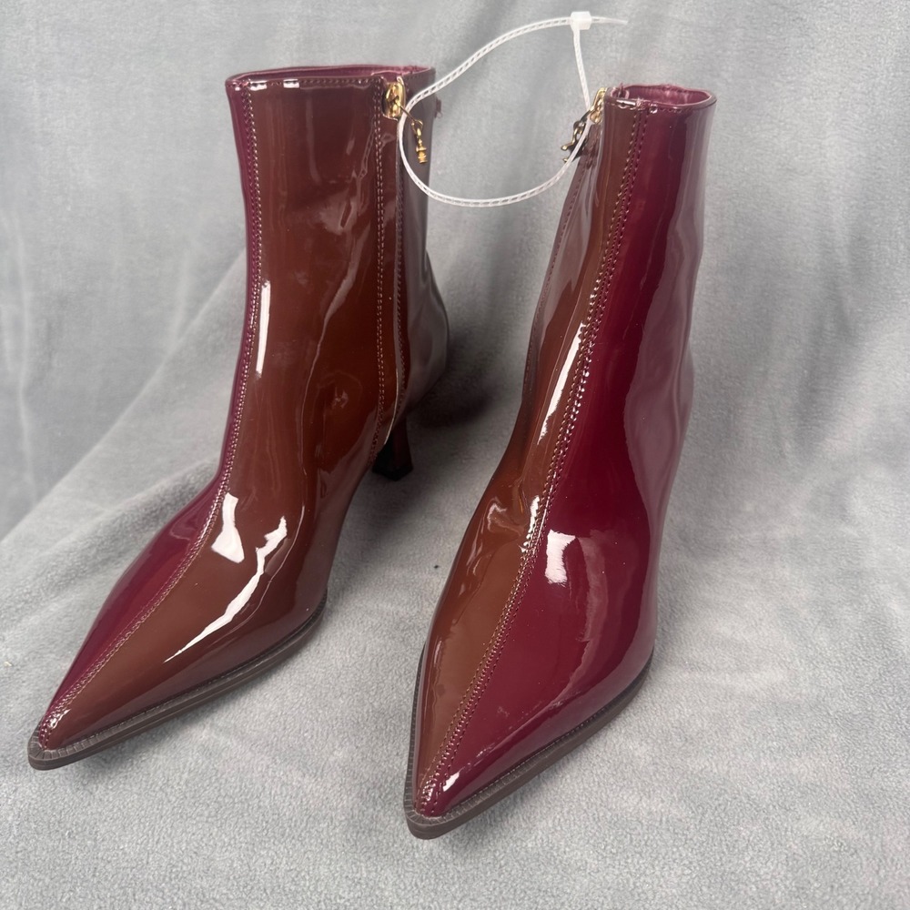 Circus Sam Edelman Two Tone Patent Pointed Toe Kitten Heel Ankle Boots Burgundy